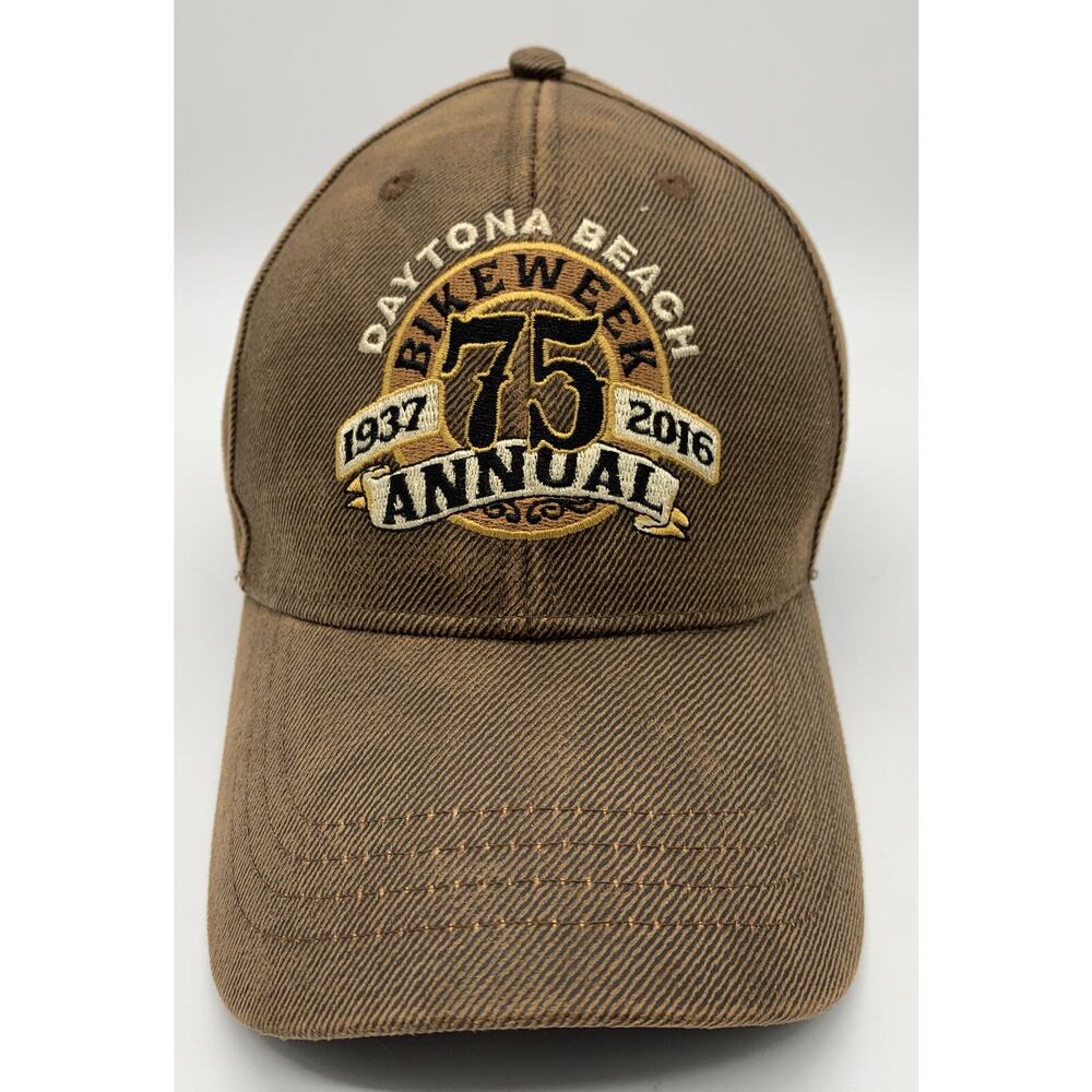 Daytona Beach 75 Annual Bike Week Trucker Hat Lorimco Brown Hook & Loop Back